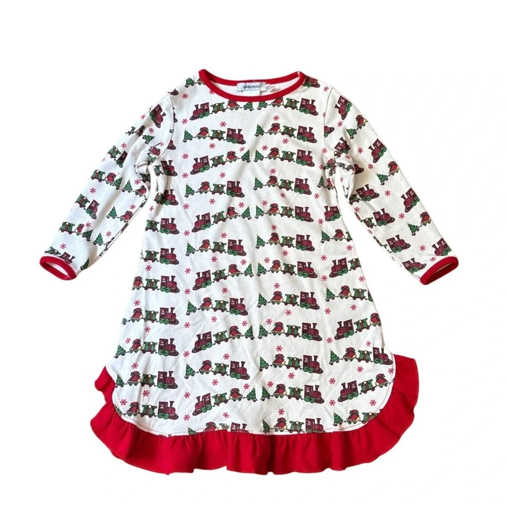 Gabiano‎ Nightgown Kids White Red Holiday Christmas Train Ruffle SIZE 3